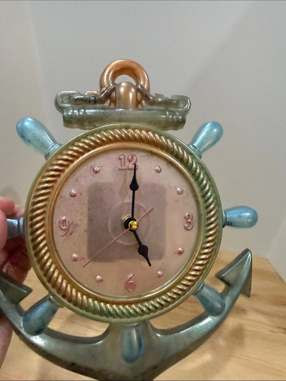 Nautical Anchor Ship Wheel Wall Clock — Bronze and Blue Coastal Accent